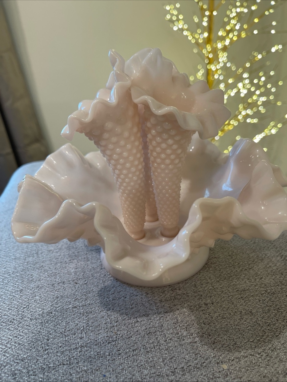 Fenton Hobnail Triple Epergne Vase in Pink Milk Glass - Picture 4 of 10